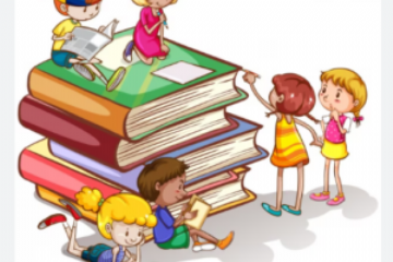 Pila di libri con accanto bambini curiosi che leggono e osservano