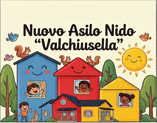 edificio colorato, tra alberi e piccoli animaletti con bambini affacciati alle finestre